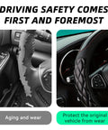 Premium Black Leather Steering Wheel Cover, Hella Soft Non Slip Grip, showing worn steering wheel versus new cover for secure fit.