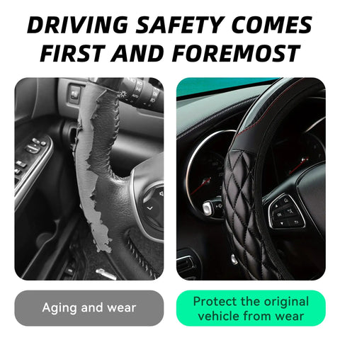 Premium Black Leather Steering Wheel Cover, Hella Soft Non Slip Grip, showing worn steering wheel versus new cover for secure fit.