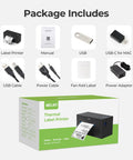 Wireless Bluetooth Thermal Label Printer Covers 4X6 Shipping Labels On The Fly No Sweat Setup showing included accessories and packaging.