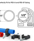 Highcraft ID234x50 half clamp for 1/2 in PEX tubing, black plastic with nail, shown with red and blue PEX tubes.