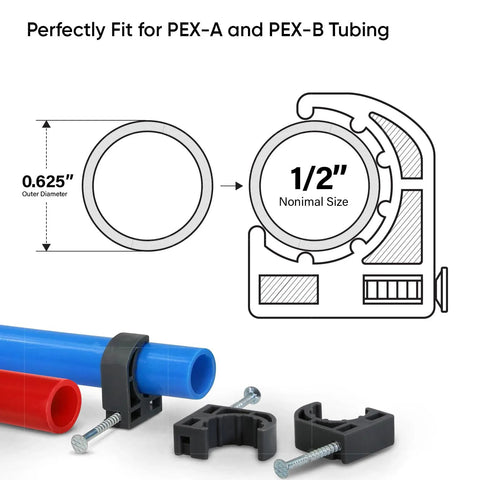 Highcraft ID234x50 half clamp for 1/2 in PEX tubing, black plastic with nail, shown with red and blue PEX tubes.