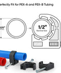 Diagram showing Half Clamp J Hook With Nail For PEX Tubing Support One Half Inch Black Durable Plastic Pipe Hanger.