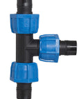 ANKA 1-inch poly pipe tee fitting with blue compression nuts on a black body, front view.