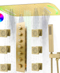 Slick 28 Inch Ceiling Rainfall Shower Panel With Bright Led Display And Six Dual Mode Body Jets Complete Brushed Gold Bathware Kit