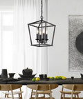Go-To Industrial Black Four-Light Pendant With Candle-Style Cage Chandelier in dining area