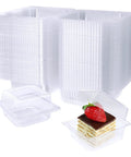100 Pack Clear Plastic Square Hinged Food Containers With Clear Lids For To Go Meals Clamshell Takeout Trays Perfect For Pastry, Salad And Dessert Storage, Durable Food Grade Plastic, Disposable Convenience shown with a dessert inside