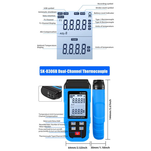 Pro Grade Digital Thermocouple Thermometer With K And J Type Probes, Four Channel High Temp Tester, detailed display and buttons.