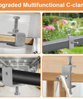 Upgraded multifunctional C-clamp used on various surfaces, showing diverse applications for Stainless Steel C Clamps 20mm Mini Tiger Clamps For Woodworking Set Of 16 Beefy Heavy Duty 304 Grade Rust Resistant Clips For Quick Holds And Tight Fits In Craft Woodworking And Assembly Projects.