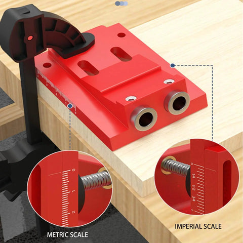 Pocket Hole Drill Jig With Dust Collection For Cabinet Installation, Deck Building, And Desk Assembly with metric and imperial scales.
