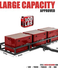 Beefy 2 Bike Hitch Rack And Foldable Cargo Carrier For E Bikes, showing 66x20 inch cargo area, heavy duty 300 lbs capacity, red color.