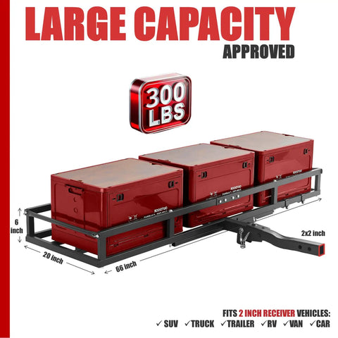 Beefy 2 Bike Hitch Rack And Foldable Cargo Carrier For E Bikes, showing 66x20 inch cargo area, heavy duty 300 lbs capacity, red color.
