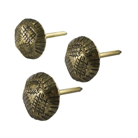Top Shelf Antique Brass Upholstery Tacks, Hammered Furniture Nails For Couch Repair, 7 16 Inch, 100 Piece Bulk Box, No Fuss Diy Fix, Heavy Duty Hardware, Smooth As Silk, close-up of brass dome head tacks.