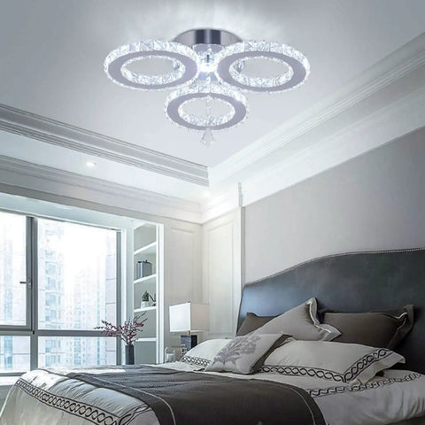 Three Ring Crystal Ceiling Light Chandelier Flush Mount LED Cool White 6000K 13x3.5 Inches Modern Fixture With K9 Crystals