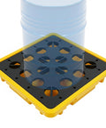 Front view of Beefed Up Workhorse Spill Containment Pallet for 55 Gallon Drums with Secondary Containment Tray and Drain, 2200 lb load capacity.