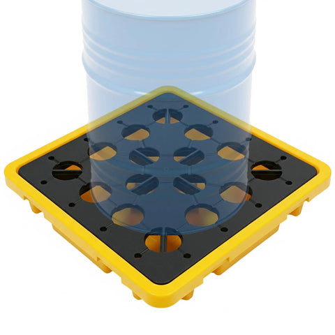 Front view of Beefed Up Workhorse Spill Containment Pallet for 55 Gallon Drums with Secondary Containment Tray and Drain, 2200 lb load capacity.