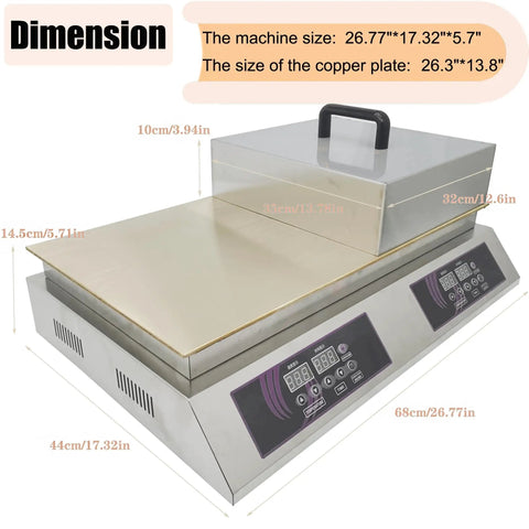 Commercial Electric Griddle Featuring Pure Copper Plates For Effortless Flipping Of Japanese Souffle Pancakes And Pillowy Dorayaki Sweets Smart Temperature Control For Top Shelf Kitchen Hustlers And Stands, showcasing dimensions and copper surface.
