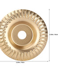 6pc Orange Wood Shaping Disc For Angle Grinder With Sanding And Polishing Features showing a gold shaping disc with 3.93in diameter.