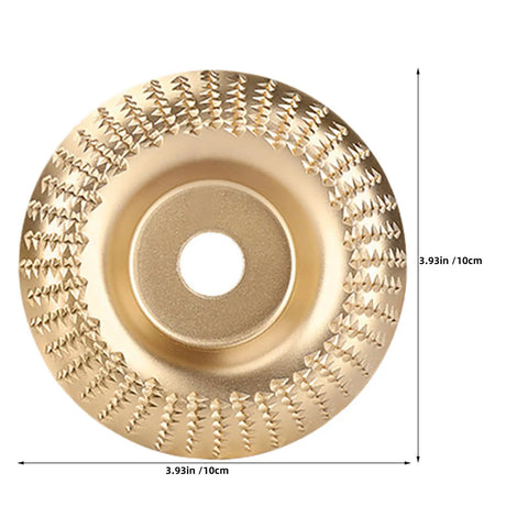 6pc Orange Wood Shaping Disc For Angle Grinder With Sanding And Polishing Features showing a gold shaping disc with 3.93in diameter.