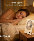 Tiny But Mighty Portable Desk Fan Battery Operated and Rechargeable on nightstand, ultra quiet for bedroom use, woman sleeping
