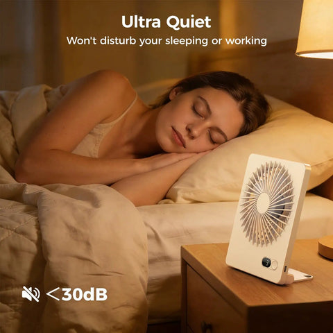 Tiny But Mighty Portable Desk Fan Battery Operated and Rechargeable on nightstand, ultra quiet for bedroom use, woman sleeping