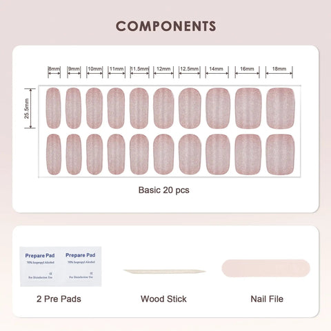 Components of Semi Cured Gel Nail Strips Kit With Cat Eye Glitter Pink Wraps Real Gel Polish UV LED Curing Long Lasting