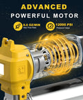 Close-up of Electric Cordless Grease Gun with 10000 PSI High Pressure motor, showcasing internal components.