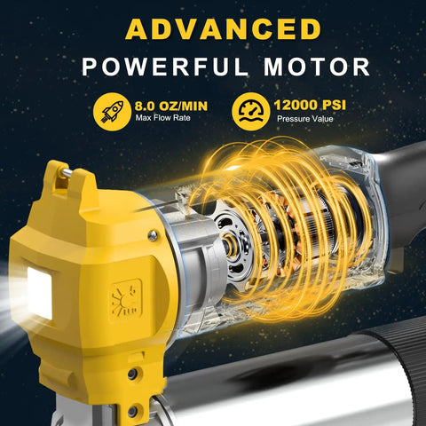 Close-up of Electric Cordless Grease Gun with 10000 PSI High Pressure motor, showcasing internal components.