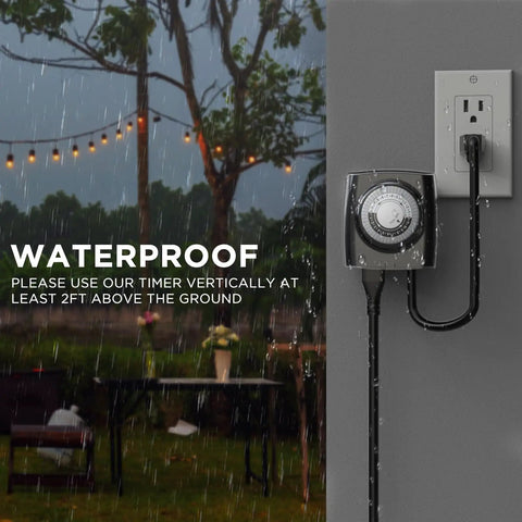 Rock Solid Outdoor Timer Outlet Built Tough For Pool Pumps And Engine Blocks Heavy Duty Waterproof Plug with rain background.