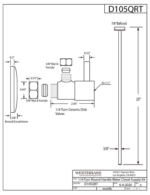 Technical drawing of Toilet Supply Line Riser Kit with Twenty Inch Flat Head Five Eighths By Three Eighths Inch OD Round Handle Quarter Turn Angle Stop Matte Black Finish Easy Install With Compression Fittings For Bathroom Update