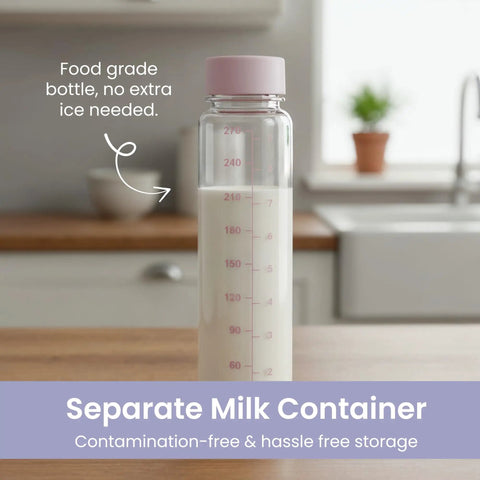 Portable Breast Milk Cooler Keeps Infant Formula And Breastmilk Icy Fresh For Up To 15 Hours With Triple Wall Vacuum Insulation Stainless Steel Build And BPA Free Bottle Plus Ice Pack For No Sweat Road Trips, food-grade milk container beside a window.