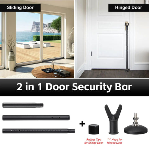 Adjustable Sliding Glass Door Security Bar 2 Pack Black Jammer Stopper used on sliding and hinged doors in a room