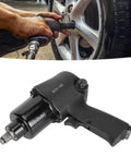 1/2 Inch Air Impact Wrench With Smart Torsion Control Lightweight Alloy Steel Body Pneumatic Socket Gun in use on a car tire.