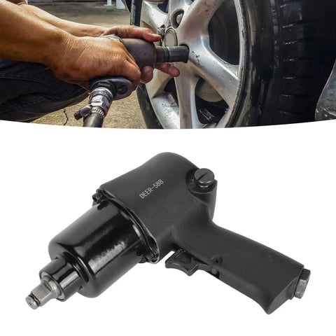 1/2 Inch Air Impact Wrench With Smart Torsion Control Lightweight Alloy Steel Body Pneumatic Socket Gun in use on a car tire.