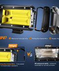 Amber 2-Pack 5-Inch Dual-Row LED Flood Lights showing waterproof features and comparison with traditional lights.