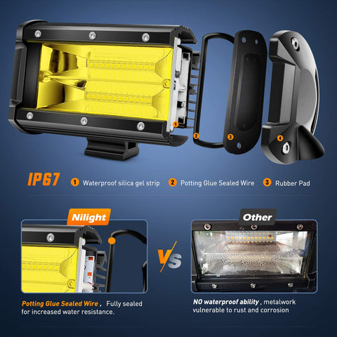 Amber 2-Pack 5-Inch Dual-Row LED Flood Lights showing waterproof features and comparison with traditional lights.