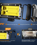 Beefed Up 2 Pack 5 Inch Yellow LED Light Bar Kits, 72W 10800 Lumens Flood Beam showing internal components and waterproof features