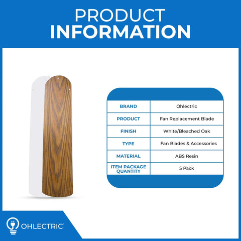 Five Pack Sixteen And One Half Inch Ceiling Fan Blades Replacement For Forty Two Inch Fans White Bleached Oak Indoor Outdoor Use Durable Premium Construction Easy Swap For Worn Or Broken Blades, showing white and bleached oak finish with product details.