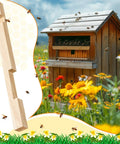 Four Pack Wood Beehive Entrance Reducers for Ten Frame Beehives Easy Install Protectors next to a wooden hive in a flower field.