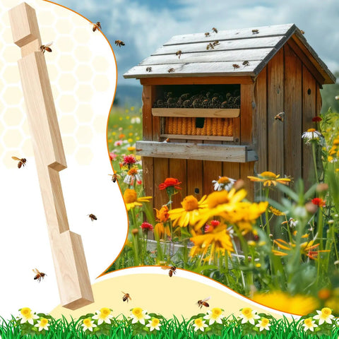 Four Pack Wood Beehive Entrance Reducers for Ten Frame Beehives Easy Install Protectors next to a wooden hive in a flower field.