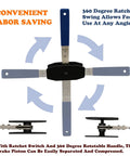 Garage Ready Brake Piston Caliper Press Tool Featuring Heavy Duty Ratchet Wrench And Expanding Spreader Adapters Arrives With Comfort Grip Gloves showing 360-degree ratchet swing for easy use.