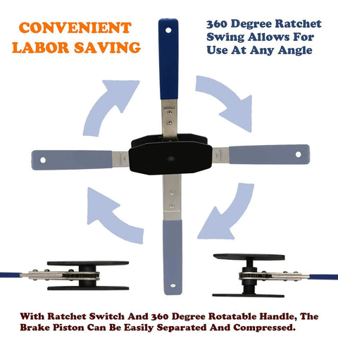 Garage Ready Brake Piston Caliper Press Tool Featuring Heavy Duty Ratchet Wrench And Expanding Spreader Adapters Arrives With Comfort Grip Gloves showing 360-degree ratchet swing for easy use.