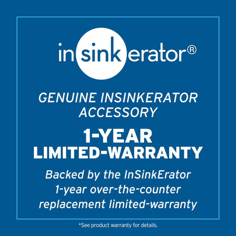 InSinkErator genuine accessory warranty graphic, white text on blue background, detailing a 1-year limited warranty for accessories.