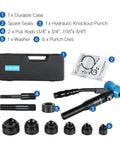 Hydraulic Knockout Hole Punch Driver Kit With Eight Ton Power, Six Dies From Half Inch To Two Inch, components displayed
