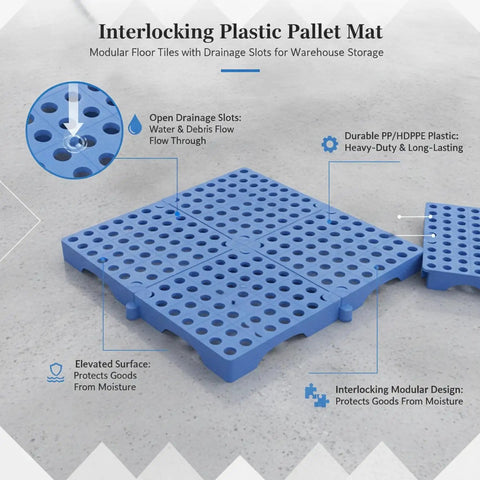 Heavy Duty Interlocking Plastic Pallet Mat Tiles With Drainage Slots for elevated airflow and water drainage, blue tiles