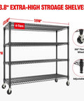 Extra Large Built Tough Four Tier Carbon Steel Wire Shelving Unit With Roller Glide Wheels, 73.8 inches high, in black.