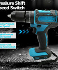 Badass 18V Cordless Drill And Hammer Driver Set Featuring A Fast Brushless Motor Up To 90Nm Torque 4500 Rpm With A Smooth 3/8 Inch Keyless Chuck For Tough Job Site Grind showing pressure shift speed switch function.