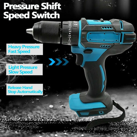 Badass 18V Brushless Cordless Drill Driver And Hammer Drill showcasing pressure shift speed switch mechanism with ergonomic grip.