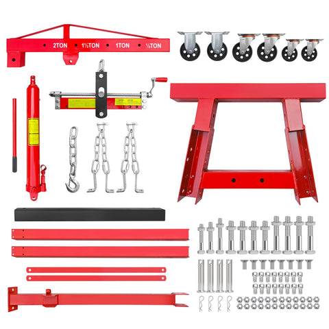Heavy Duty 2 Ton Folding Hydraulic Engine Hoist With Six Sturdy Iron Caster Wheels For Garage Shop Grind And Precision Motor Work Featuring four adjustable lifting heights and accessories.