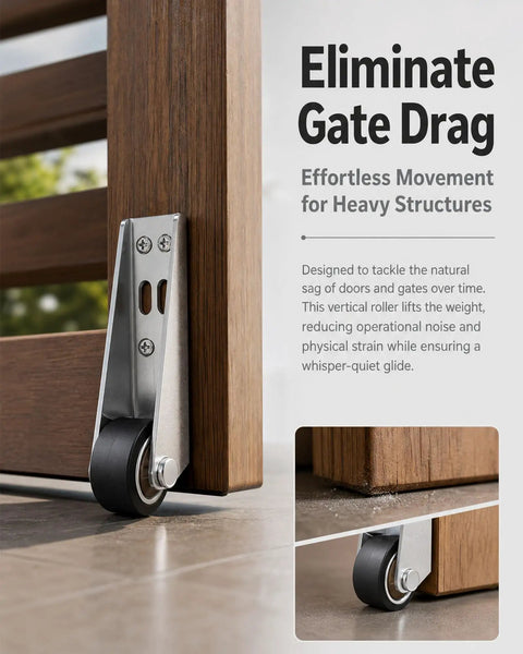 Heavy Duty Vertical Track Roller Wheel With 130lb Load Rating And Anti Sag Support, mounted on a wood door, ensuring smooth gliding.