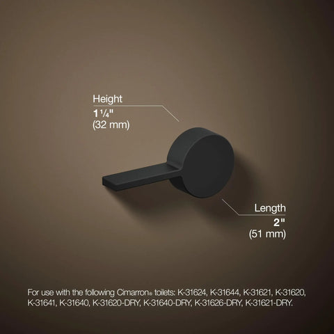Cimarron Left Hand Toilet Trip Lever In Matte Black For Comfort Height Toilets, Solid Brass, dimensions shown with measurements.